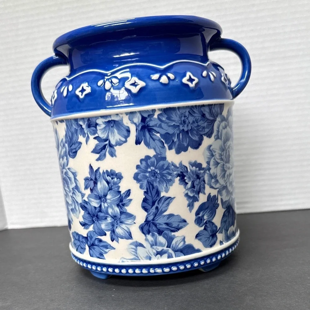 The Pioneer Woman Heritage Floral Stoneware Utensil Holder Blue Red Crock 7.5in